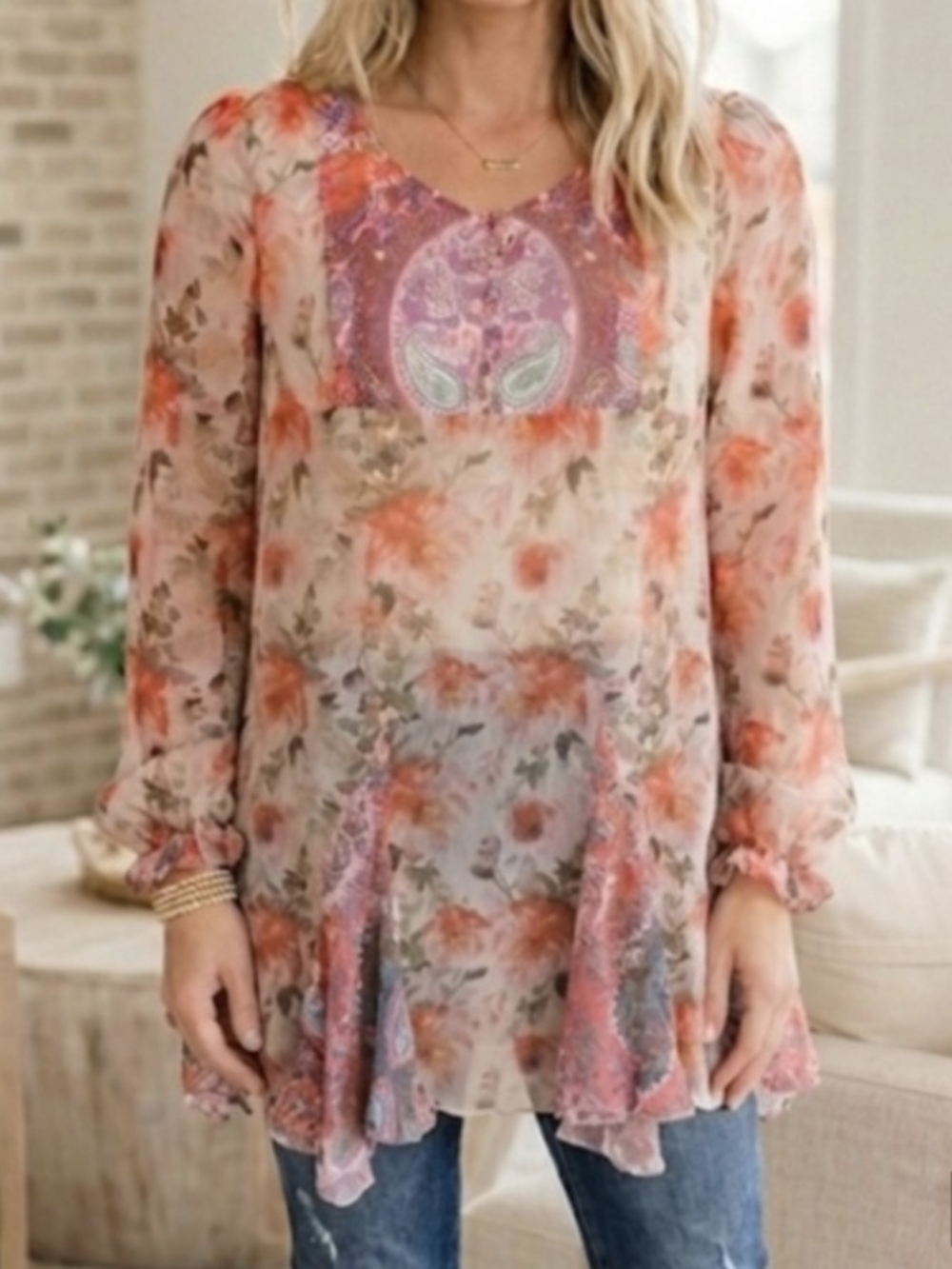 Mixed Print Long Sleeve Ruffle High Low Hem, Top, Rose